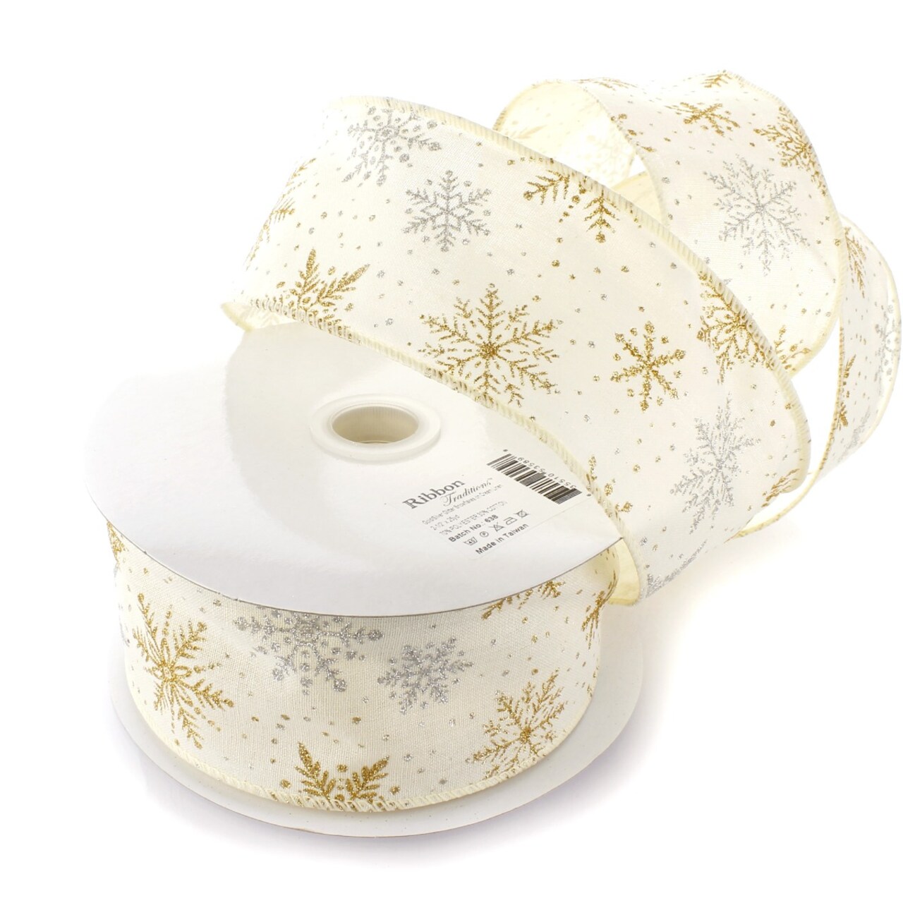 2 1/2" Wired Ribbon Gold/Silver Glitter Snowflakes Cream - 10 Yards
